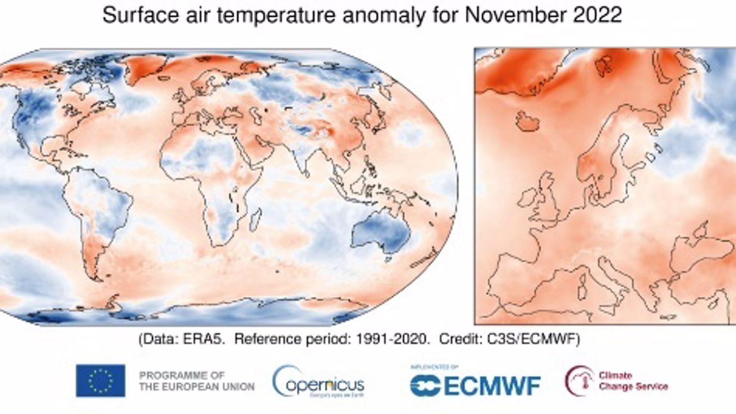 Anomalía de la temperatura del aire en superficie en noviembre de 2022 frente a la media de noviembre en el periodo comprendido entre 1991 y 2020.