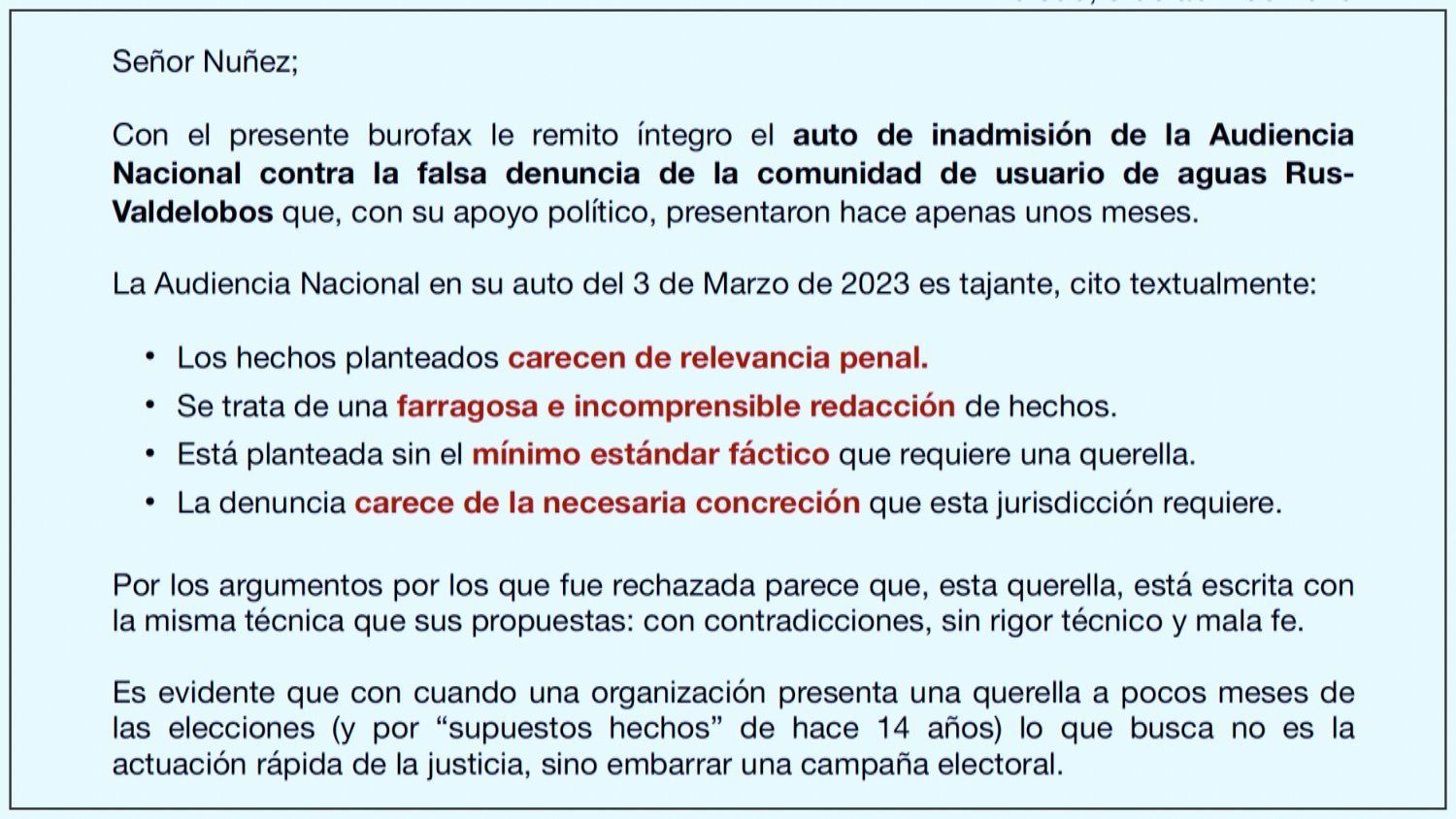 Encabezamiento del burofax remitido por el PSOE a Paco Núñez.