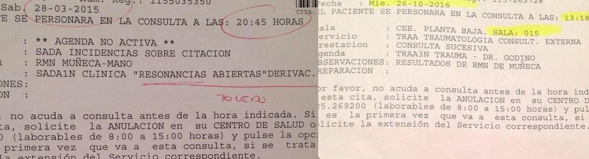 a la izquierda la citación para la prueba. A la derecha, la cita con el especialista.